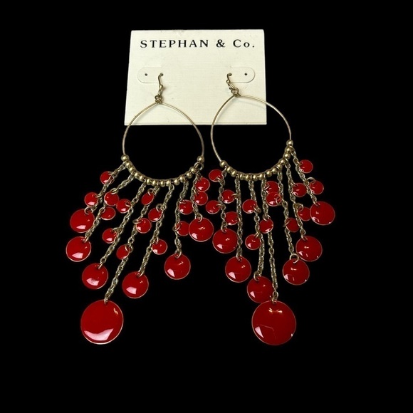 Stephan & Co. Red & Gold Hoop & Hook Drop Dangle Earrings - Picture 1 of 9